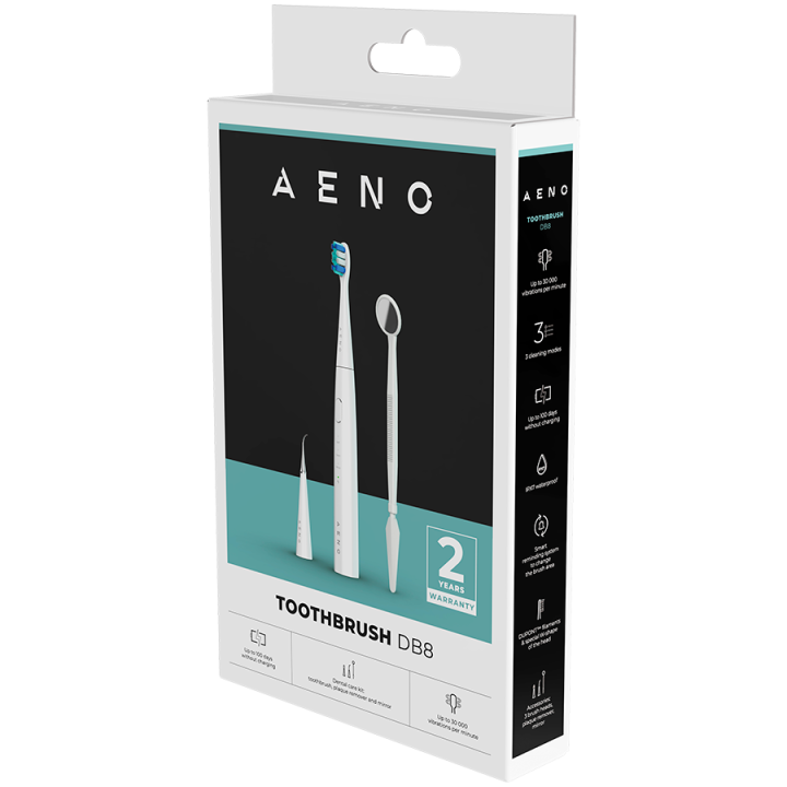 AENO Sonic Electric toothbrush, DB8: White, 3modes, 3 brush heads + 1 cleaning tool, 1 mirror, 30000rpm, 100 days without chargi