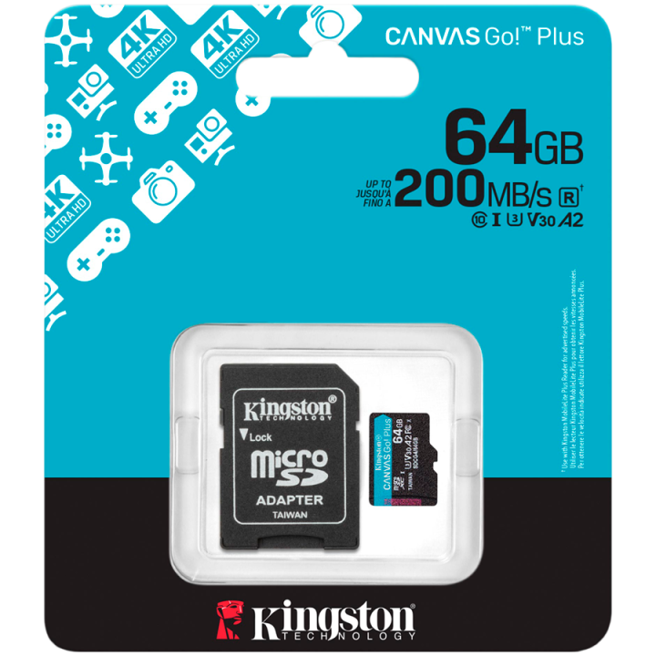Kingston 64GB microSDXC Canvas Go Plus Gen4 200MB/s A2 U3 V30 Card + Adapter