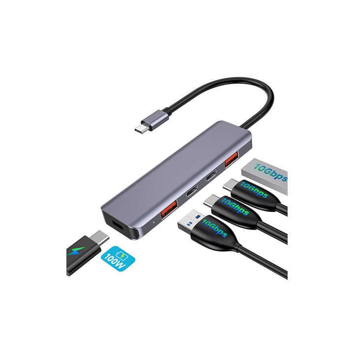 HUB 5 IN 1 10 GBS USB-C PD 100W ALUMINIU PLATINET